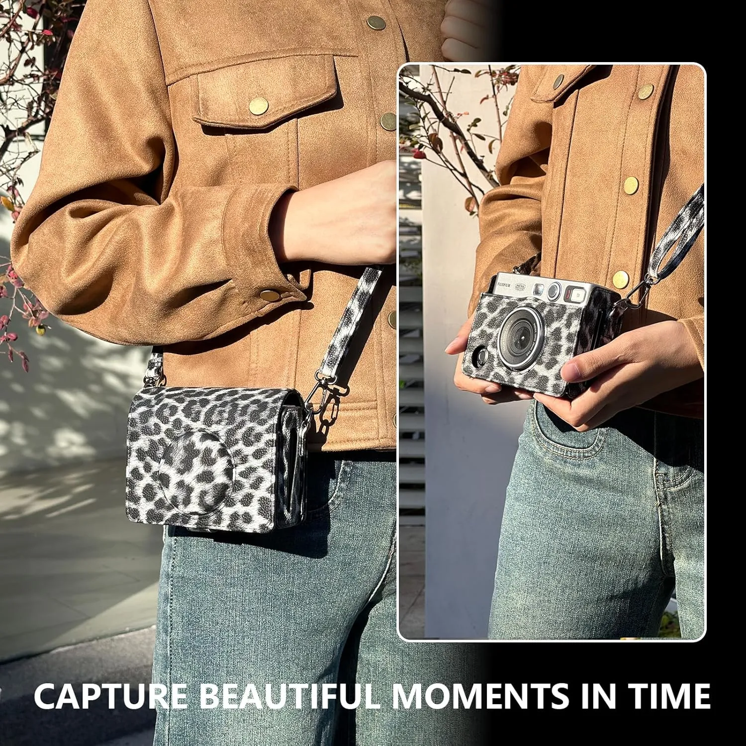 CAIYOULE Protective Case for Fujifilm Instax Mini EVO Digital Hybrid Camera Protective PU Leather Bag Accessories with Adjustable Strap No CameraLeopard Black