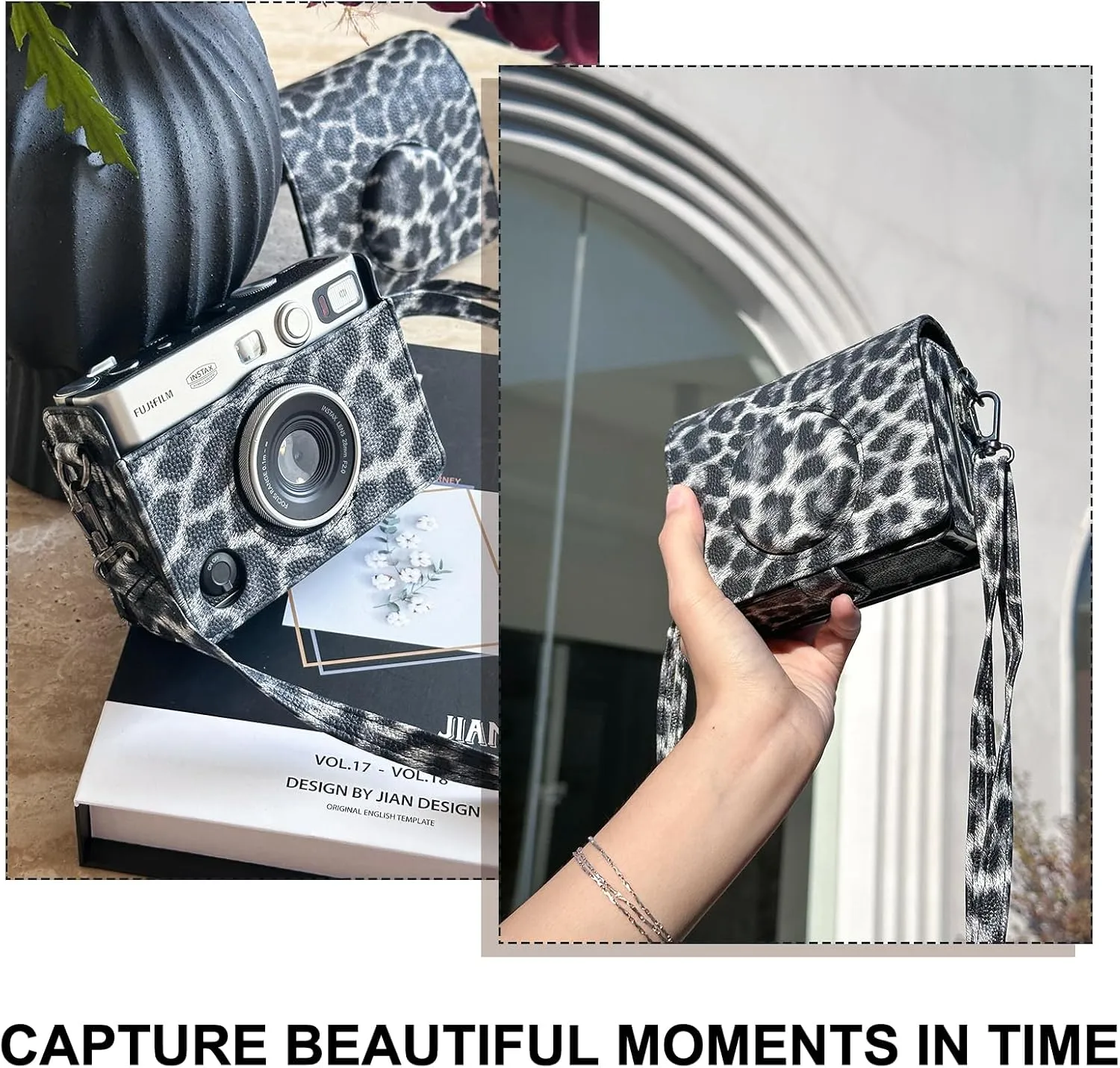 CAIYOULE Protective Case for Fujifilm Instax Mini EVO Digital Hybrid Camera Protective PU Leather Bag Accessories with Adjustable Strap No CameraLeopard Black