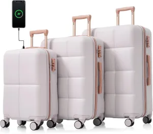 Carry-on Luggage Set, ABS Hardshell Luggage with Cup Holder, Luggage with Spinner Wheels, Rolling Travel Suitcase with USB Port TSA Lock (Grey, 3-Piece Set (20/24/28))