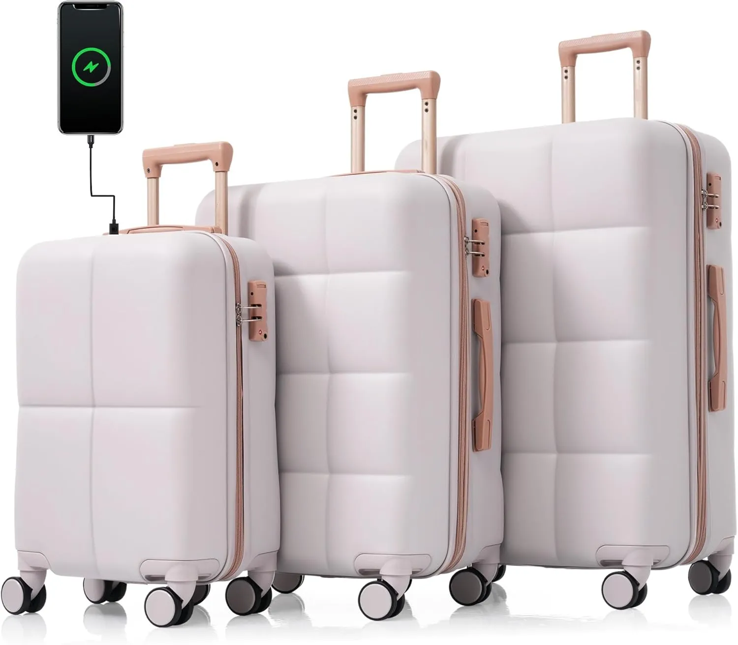 Carry-on Luggage Set, ABS Hardshell Luggage with Cup Holder, Luggage with Spinner Wheels, Rolling Travel Suitcase with USB Port TSA Lock (Grey, 3-Piece Set (20/24/28))