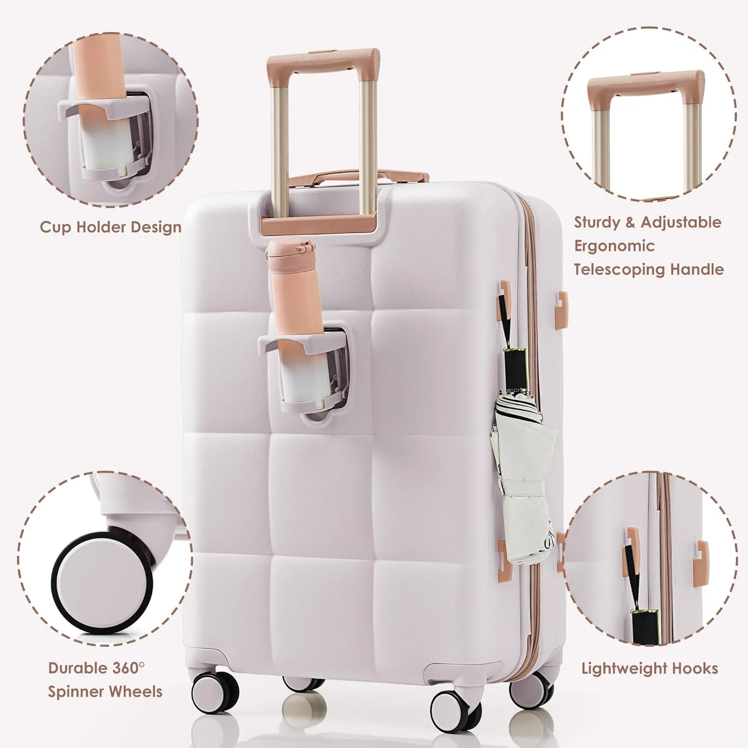 Carry-on Luggage Set, ABS Hardshell Luggage with Cup Holder, Luggage with Spinner Wheels, Rolling Travel Suitcase with USB Port TSA Lock (Grey, 3-Piece Set (20/24/28))