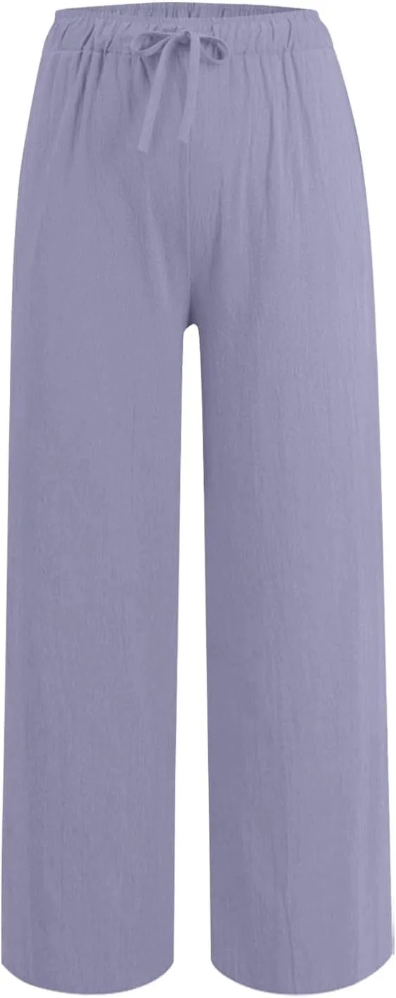 Casual Pants for Women Linen Cotton Blend Elastic Waist Pants Loose Fit Wide Leg Lightweight Ankle Trousers