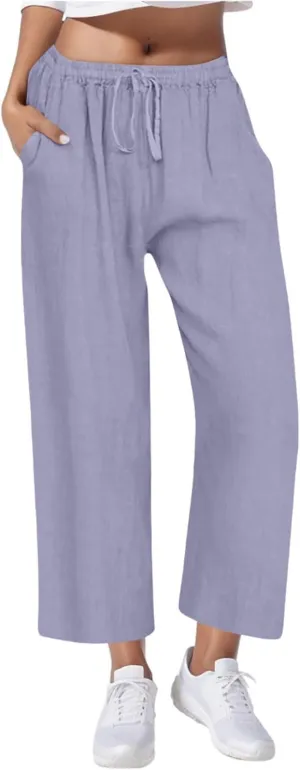 Casual Pants for Women Linen Cotton Blend Elastic Waist Pants Loose Fit Wide Leg Lightweight Ankle Trousers