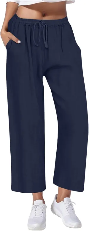 Casual Pants for Women Linen Cotton Blend Elastic Waist Pants Loose Fit Wide Leg Lightweight Ankle Trousers
