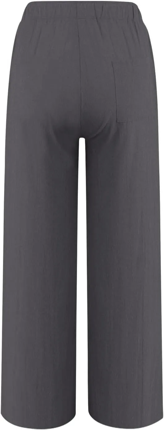 Casual Pants for Women Linen Cotton Blend Elastic Waist Pants Loose Fit Wide Leg Lightweight Ankle Trousers