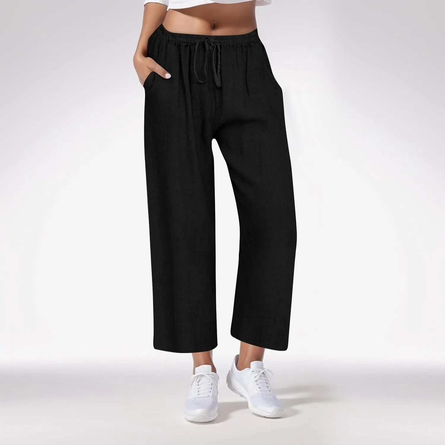 Casual Pants for Women Linen Cotton Blend Elastic Waist Pants Loose Fit Wide Leg Lightweight Ankle Trousers