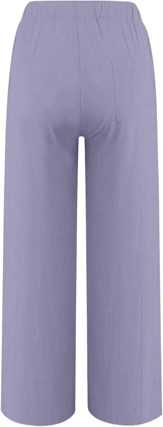 Casual Pants for Women Linen Cotton Blend Elastic Waist Pants Loose Fit Wide Leg Lightweight Ankle Trousers