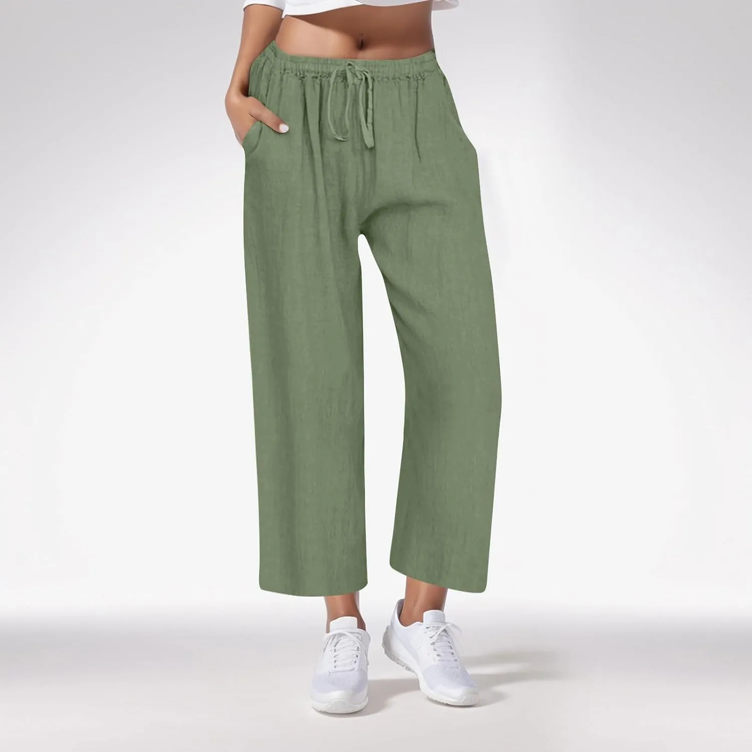 Casual Pants for Women Linen Cotton Blend Elastic Waist Pants Loose Fit Wide Leg Lightweight Ankle Trousers