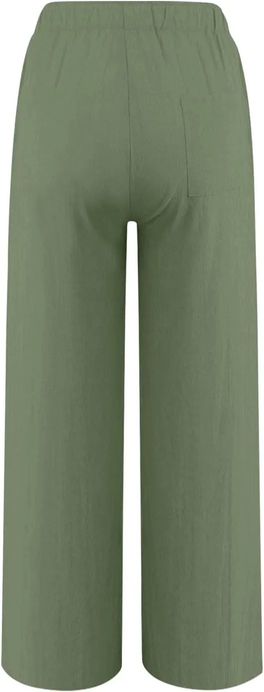 Casual Pants for Women Linen Cotton Blend Elastic Waist Pants Loose Fit Wide Leg Lightweight Ankle Trousers
