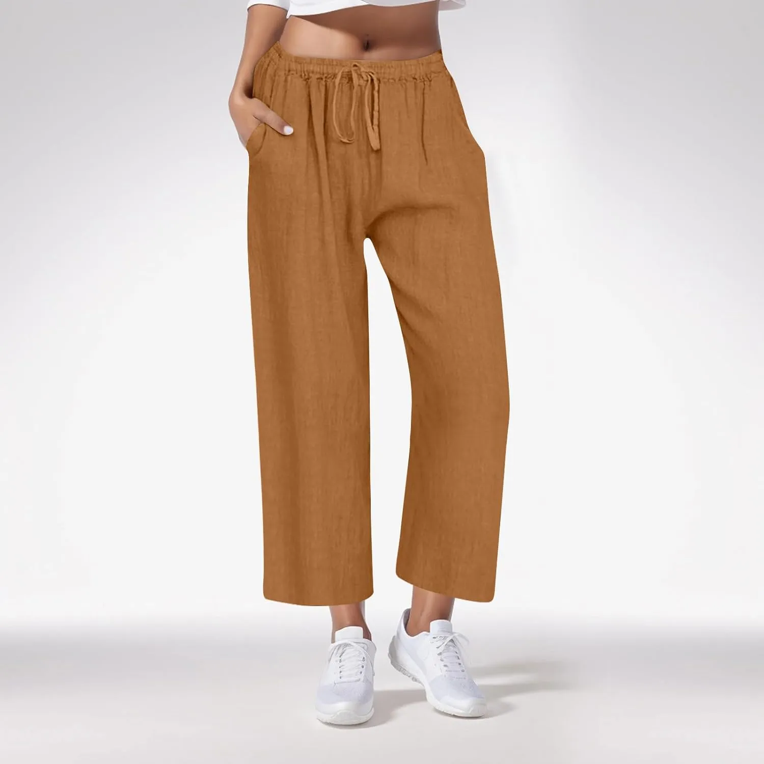 Casual Pants for Women Linen Cotton Blend Elastic Waist Pants Loose Fit Wide Leg Lightweight Ankle Trousers