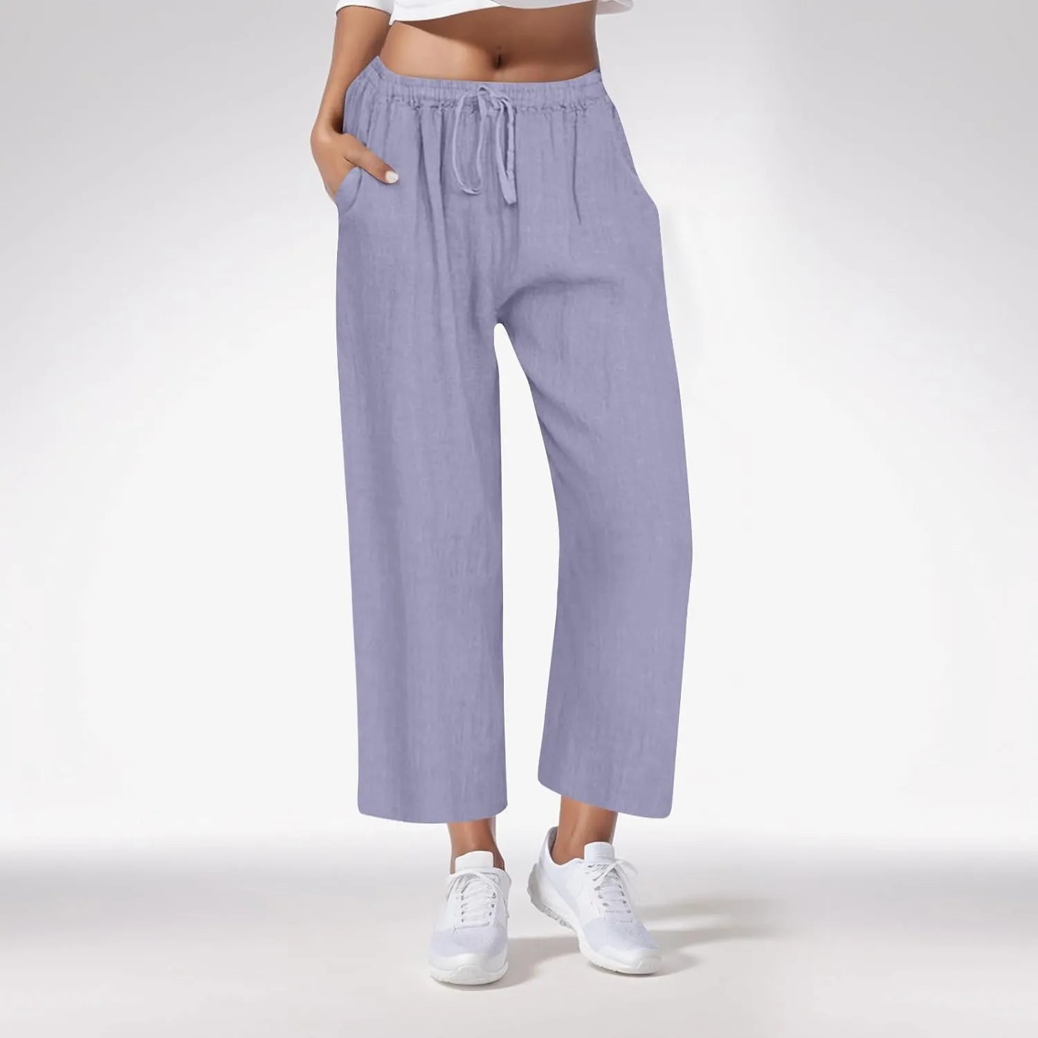 Casual Pants for Women Linen Cotton Blend Elastic Waist Pants Loose Fit Wide Leg Lightweight Ankle Trousers