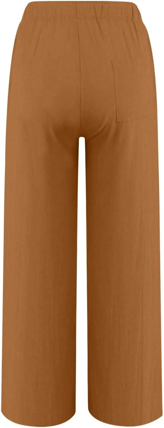 Casual Pants for Women Linen Cotton Blend Elastic Waist Pants Loose Fit Wide Leg Lightweight Ankle Trousers