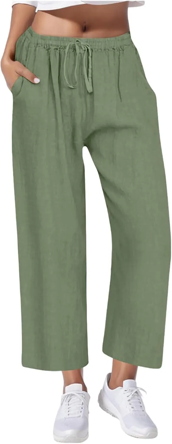 Casual Pants for Women Linen Cotton Blend Elastic Waist Pants Loose Fit Wide Leg Lightweight Ankle Trousers