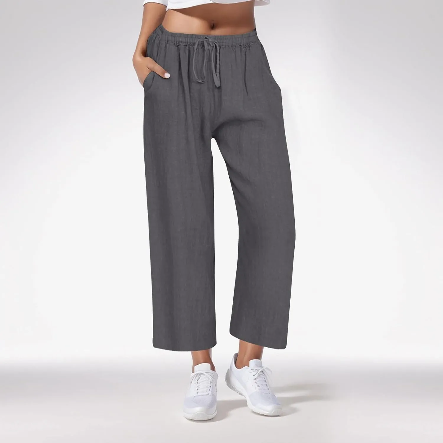 Casual Pants for Women Linen Cotton Blend Elastic Waist Pants Loose Fit Wide Leg Lightweight Ankle Trousers
