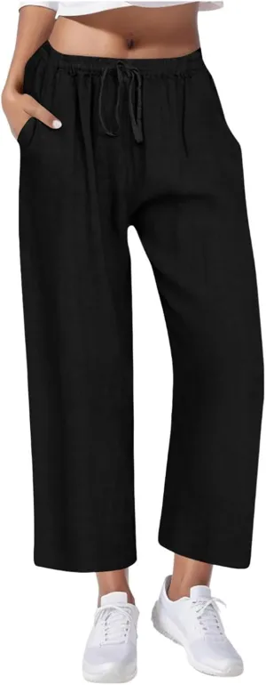 Casual Pants for Women Linen Cotton Blend Elastic Waist Pants Loose Fit Wide Leg Lightweight Ankle Trousers