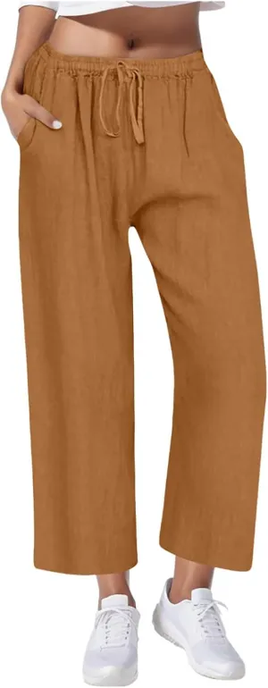 Casual Pants for Women Linen Cotton Blend Elastic Waist Pants Loose Fit Wide Leg Lightweight Ankle Trousers