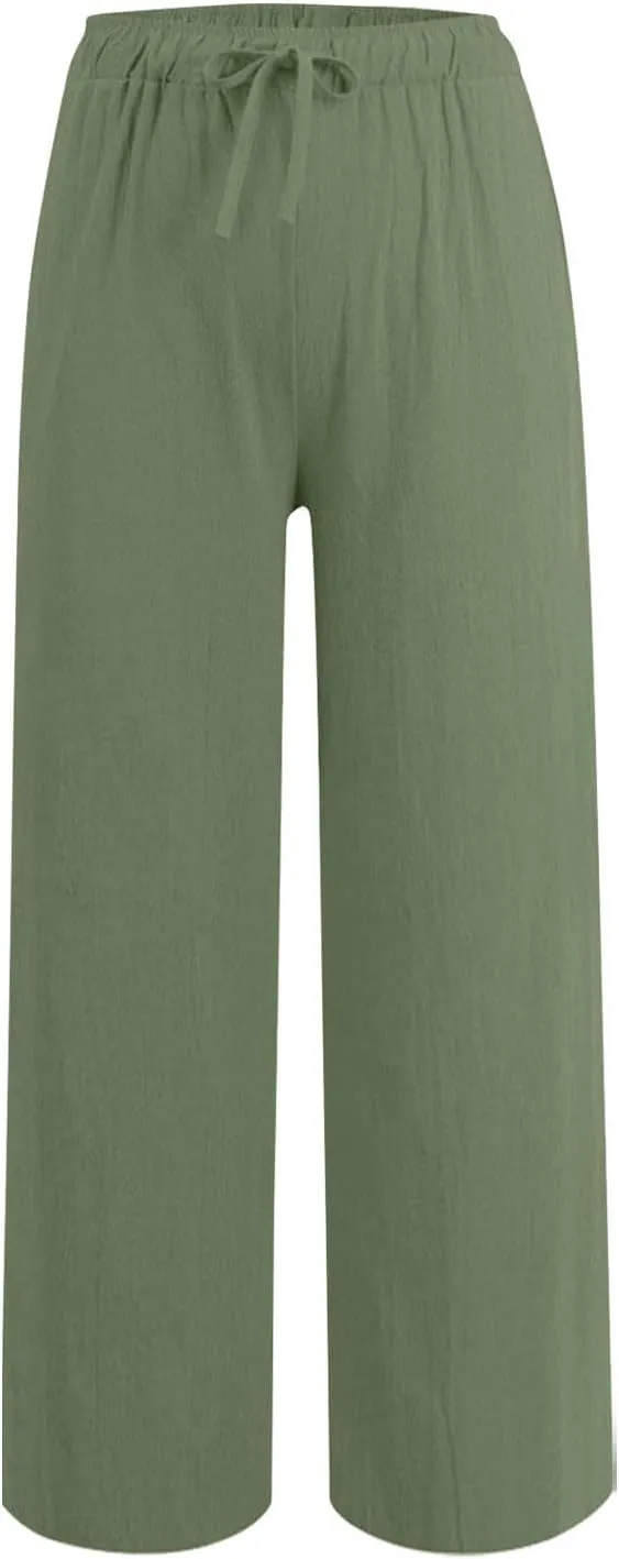 Casual Pants for Women Linen Cotton Blend Elastic Waist Pants Loose Fit Wide Leg Lightweight Ankle Trousers