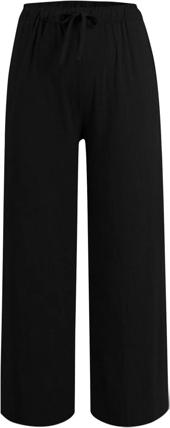 Casual Pants for Women Linen Cotton Blend Elastic Waist Pants Loose Fit Wide Leg Lightweight Ankle Trousers