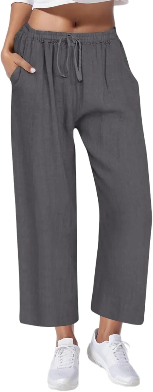 Casual Pants for Women Linen Cotton Blend Elastic Waist Pants Loose Fit Wide Leg Lightweight Ankle Trousers