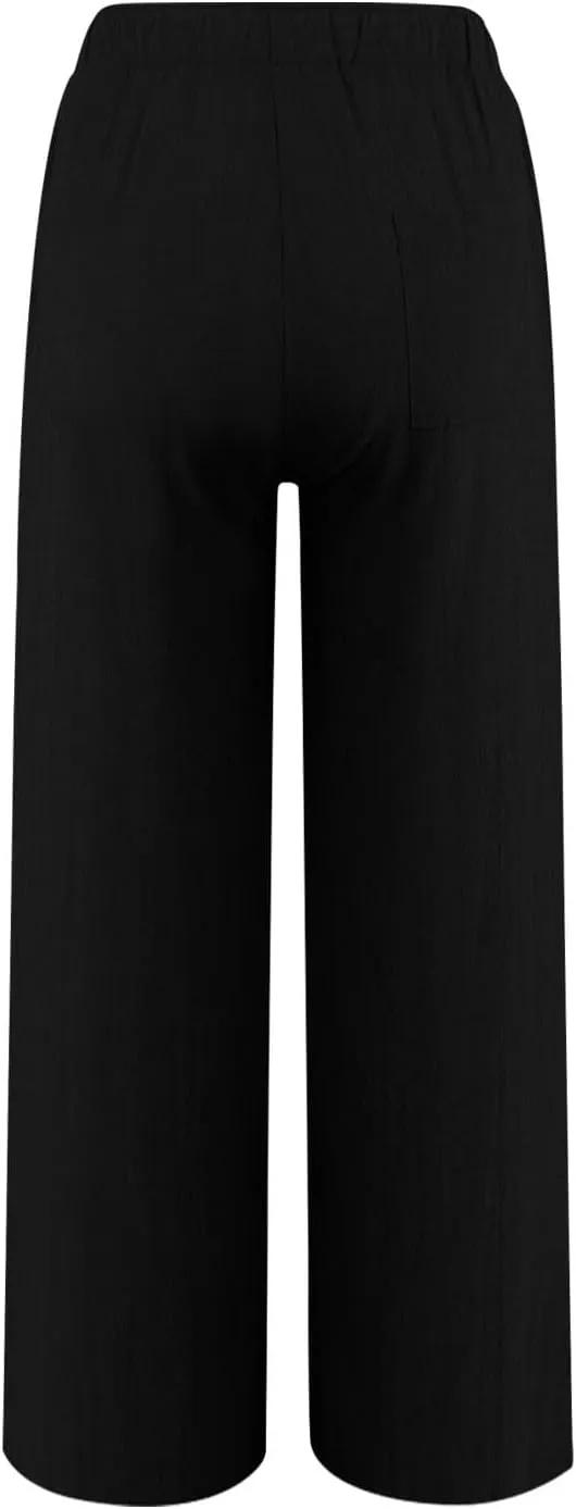 Casual Pants for Women Linen Cotton Blend Elastic Waist Pants Loose Fit Wide Leg Lightweight Ankle Trousers