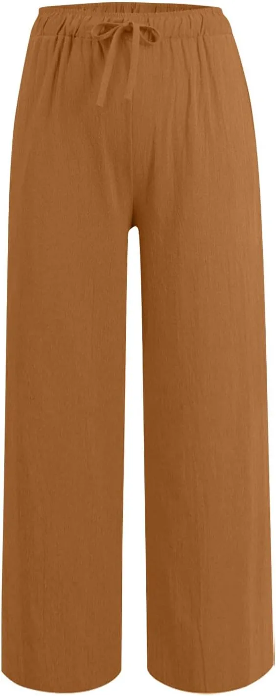 Casual Pants for Women Linen Cotton Blend Elastic Waist Pants Loose Fit Wide Leg Lightweight Ankle Trousers