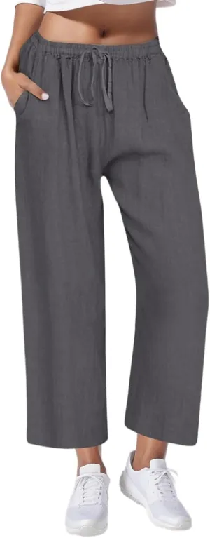 Casual Pants for Women Linen Cotton Blend Elastic Waist Pants Loose Fit Wide Leg Lightweight Ankle Trousers