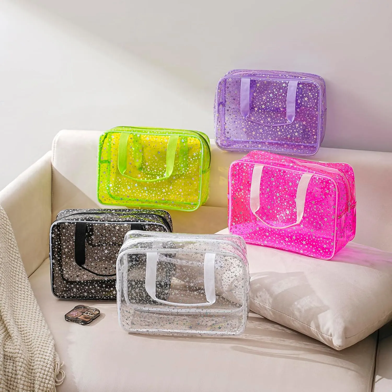Clear PVC Star Large Cosmetic Bag, Transparent Large Zippered Opening Makeup Bag, Portable Waterproof Travel Bag with Handle, Gym, Swimming and Beach Bag (02Black)