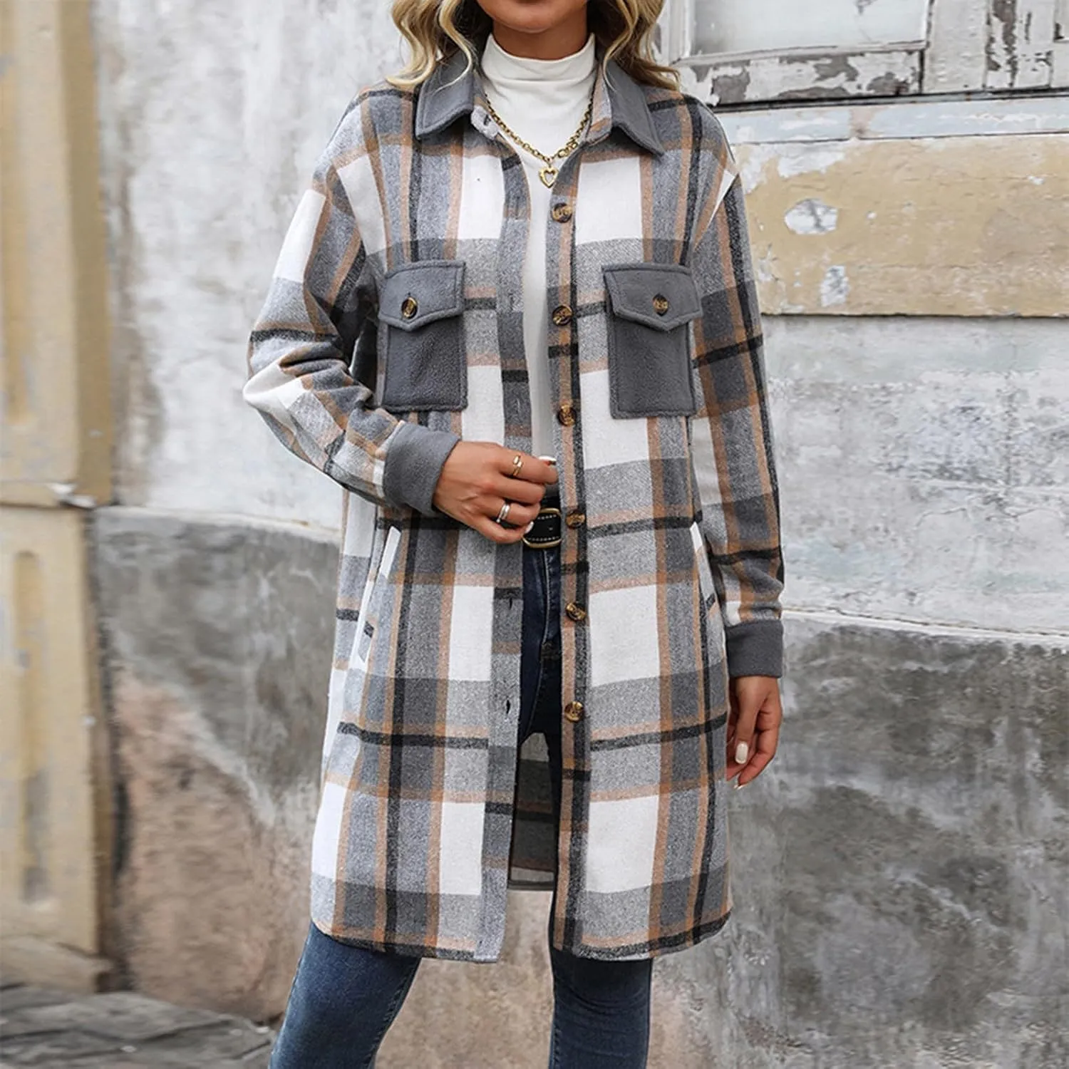COTECRAM Women's Casual Lapel Button Down Long Plaid Shirt Jackets Fall Winter Fleece Trench Coat Pocketed Shacket Jacket