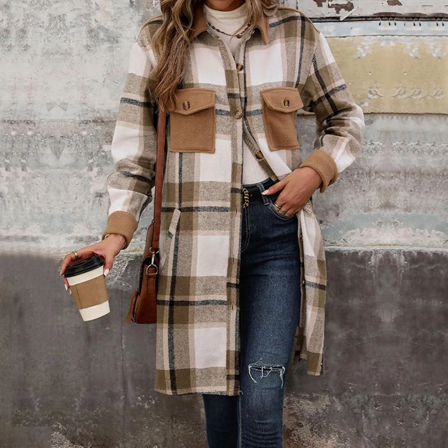 COTECRAM Women's Casual Lapel Button Down Long Plaid Shirt Jackets Fall Winter Fleece Trench Coat Pocketed Shacket Jacket