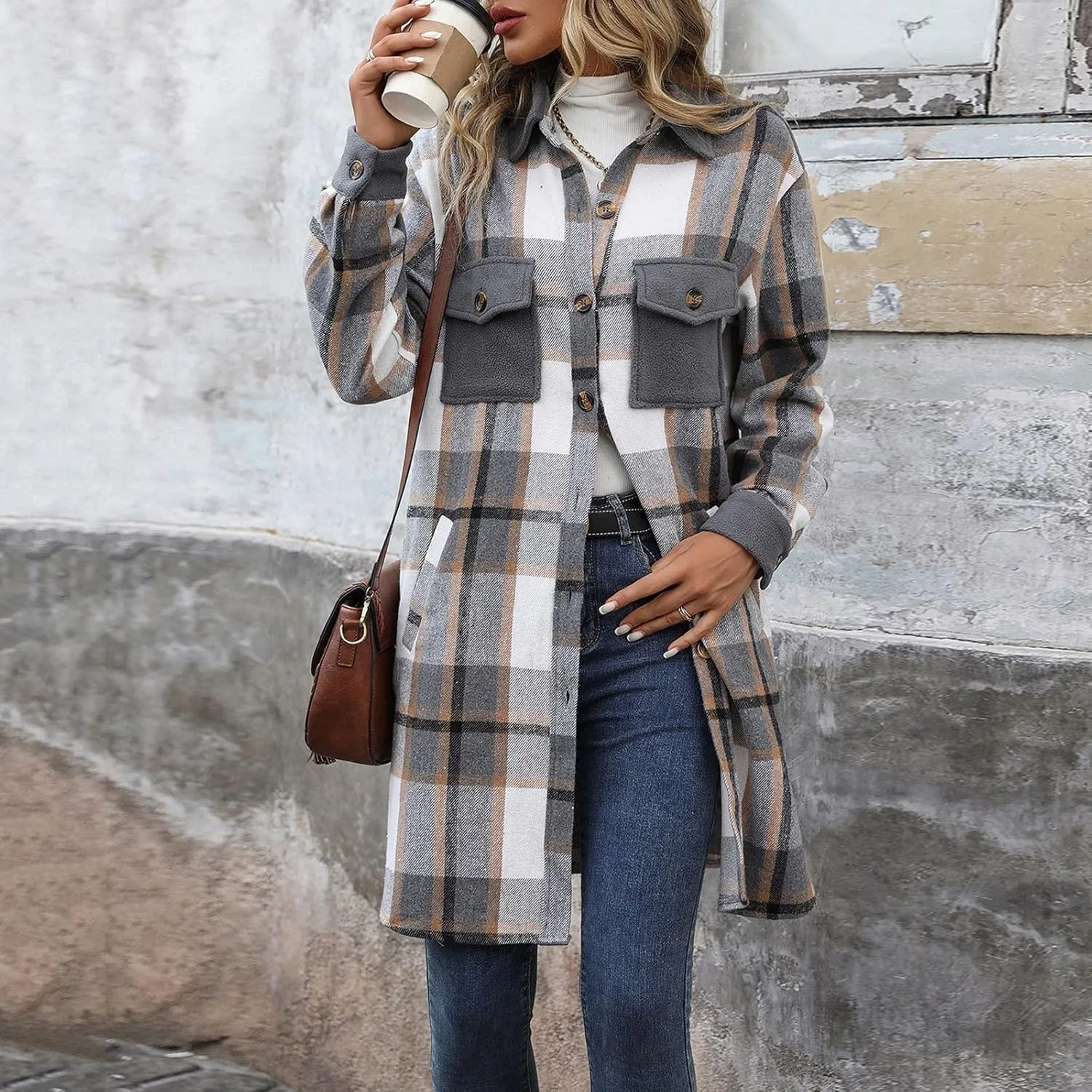 COTECRAM Women's Casual Lapel Button Down Long Plaid Shirt Jackets Fall Winter Fleece Trench Coat Pocketed Shacket Jacket
