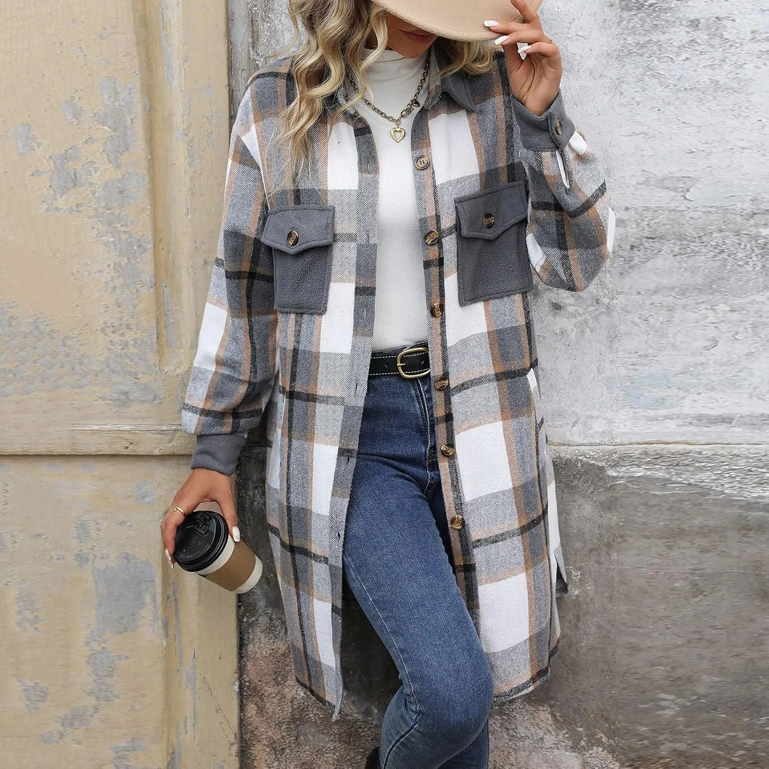 COTECRAM Women's Casual Lapel Button Down Long Plaid Shirt Jackets Fall Winter Fleece Trench Coat Pocketed Shacket Jacket