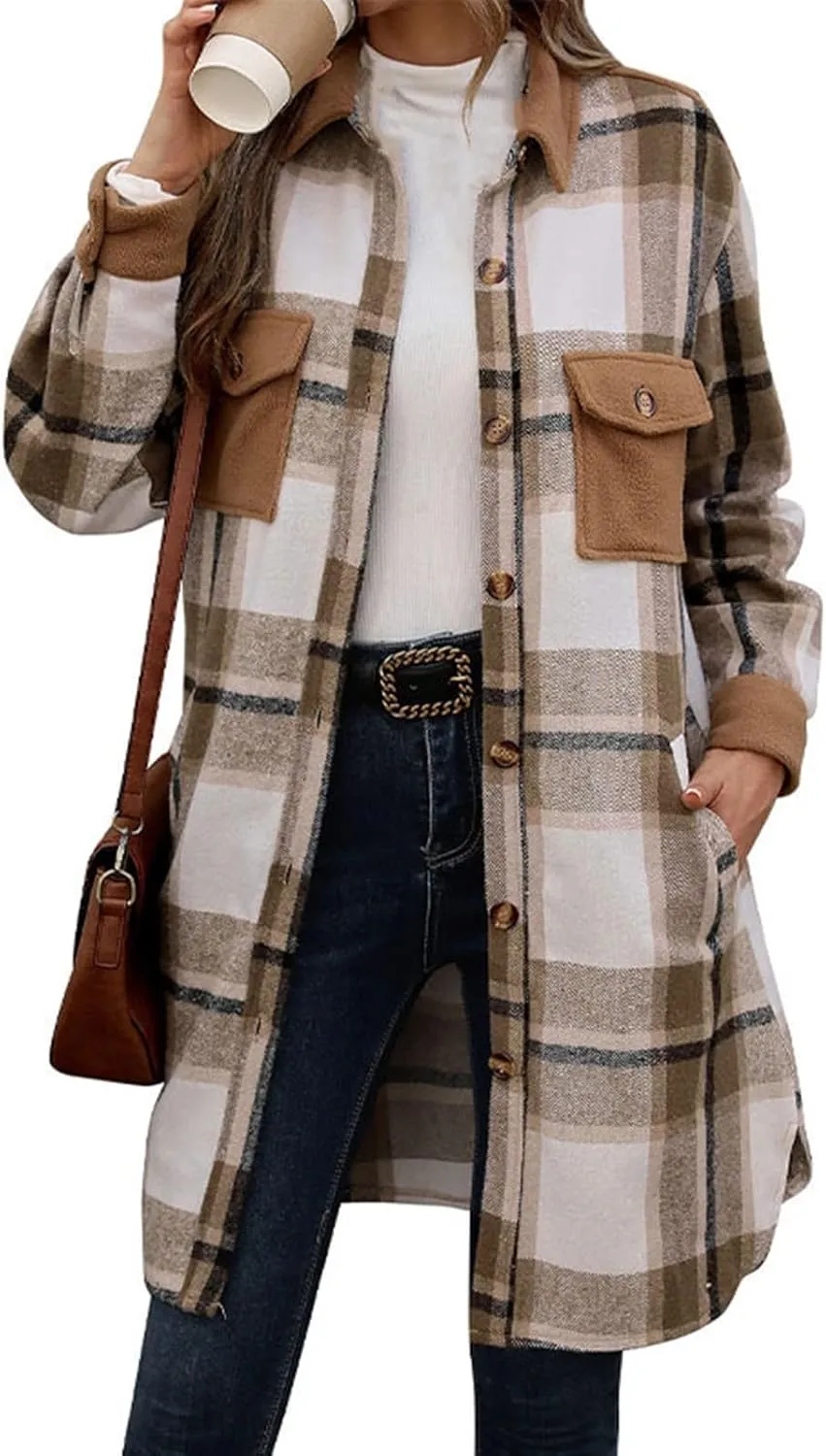 COTECRAM Women's Casual Lapel Button Down Long Plaid Shirt Jackets Fall Winter Fleece Trench Coat Pocketed Shacket Jacket