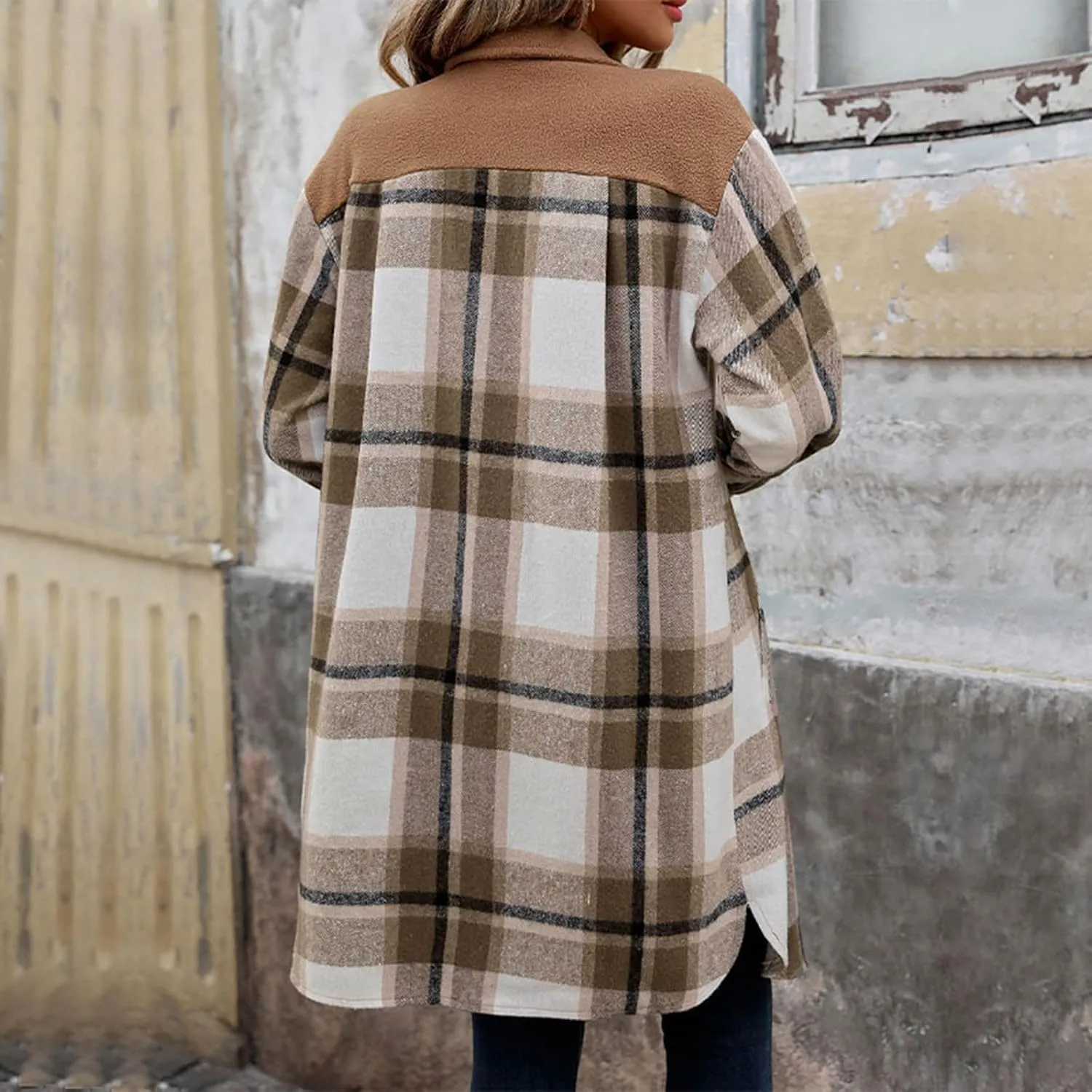 COTECRAM Women's Casual Lapel Button Down Long Plaid Shirt Jackets Fall Winter Fleece Trench Coat Pocketed Shacket Jacket