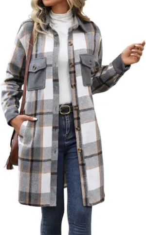 COTECRAM Women's Casual Lapel Button Down Long Plaid Shirt Jackets Fall Winter Fleece Trench Coat Pocketed Shacket Jacket