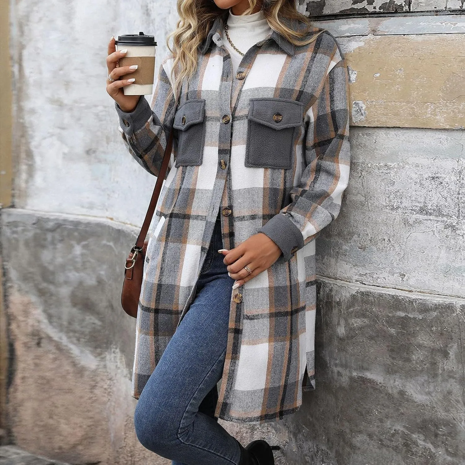 COTECRAM Women's Casual Lapel Button Down Long Plaid Shirt Jackets Fall Winter Fleece Trench Coat Pocketed Shacket Jacket
