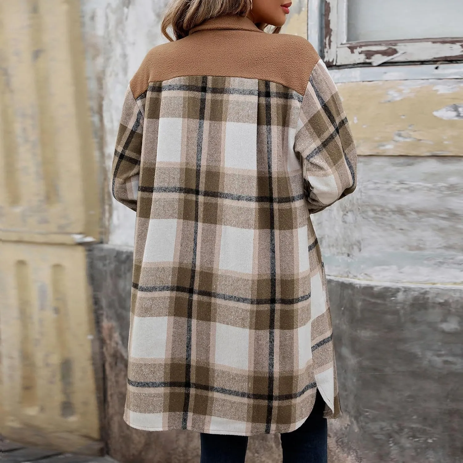 COTECRAM Women's Casual Lapel Button Down Long Plaid Shirt Jackets Fall Winter Fleece Trench Coat Pocketed Shacket Jacket