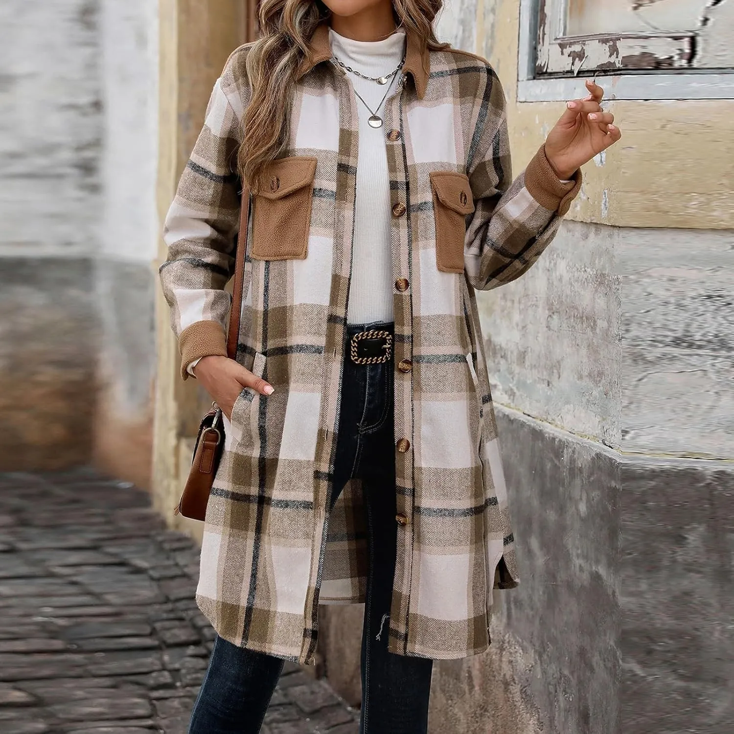 COTECRAM Women's Casual Lapel Button Down Long Plaid Shirt Jackets Fall Winter Fleece Trench Coat Pocketed Shacket Jacket