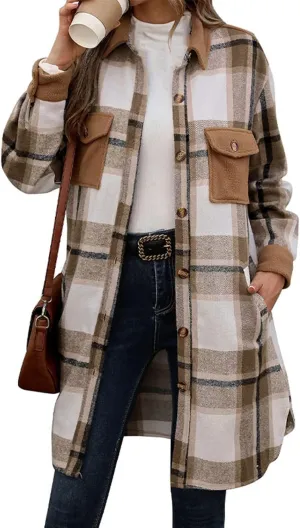COTECRAM Women's Casual Lapel Button Down Long Plaid Shirt Jackets Fall Winter Fleece Trench Coat Pocketed Shacket Jacket