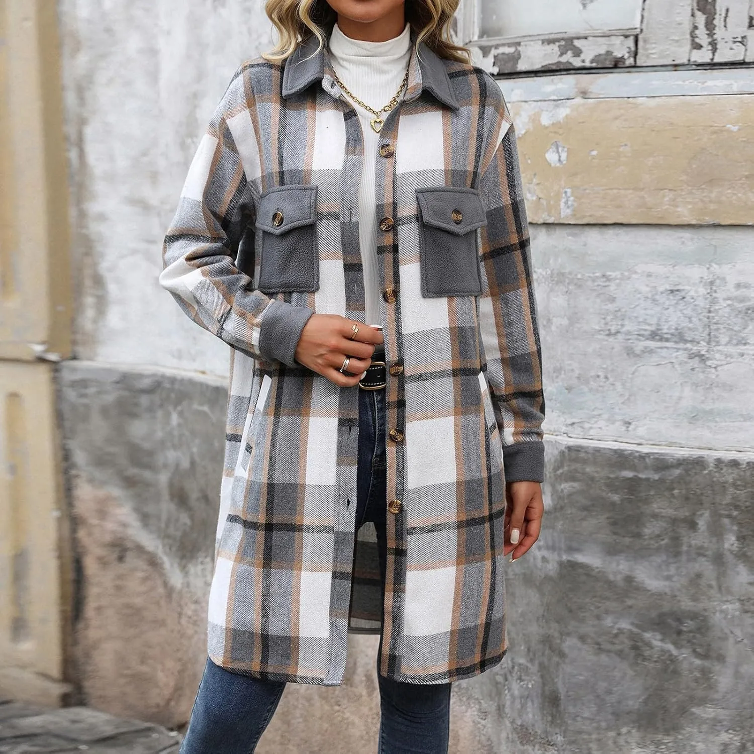 COTECRAM Women's Casual Lapel Button Down Long Plaid Shirt Jackets Fall Winter Fleece Trench Coat Pocketed Shacket Jacket