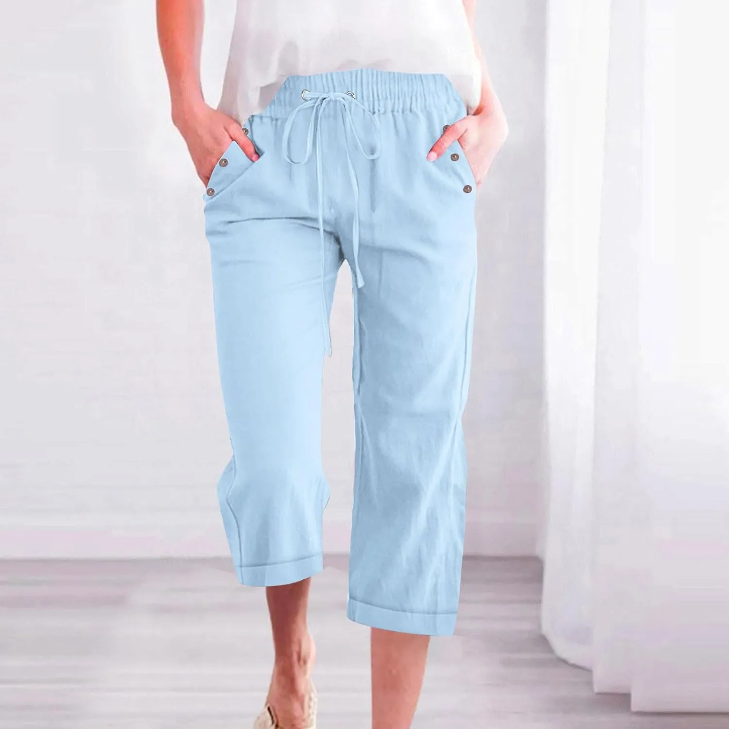 Cotton Linen Capris Pants for Women Summer 2025 Straight Wide Leg Loose Drawstring Elastic Waist Cropped Trousers