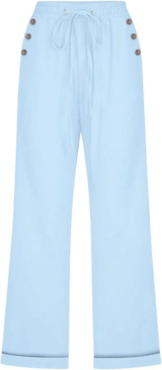 Cotton Linen Capris Pants for Women Summer 2025 Straight Wide Leg Loose Drawstring Elastic Waist Cropped Trousers