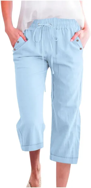 Cotton Linen Capris Pants for Women Summer 2025 Straight Wide Leg Loose Drawstring Elastic Waist Cropped Trousers