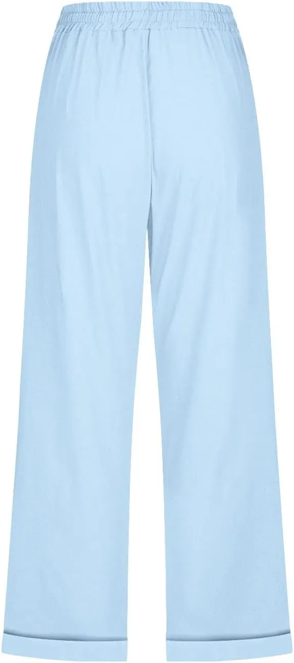 Cotton Linen Capris Pants for Women Summer 2025 Straight Wide Leg Loose Drawstring Elastic Waist Cropped Trousers