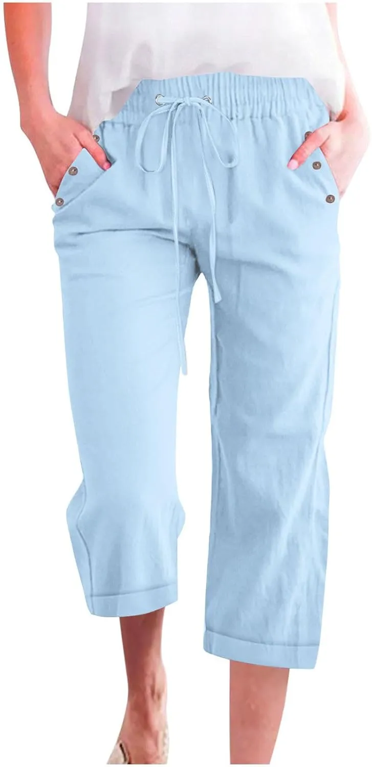 Cotton Linen Capris Pants for Women Summer 2025 Straight Wide Leg Loose Drawstring Elastic Waist Cropped Trousers
