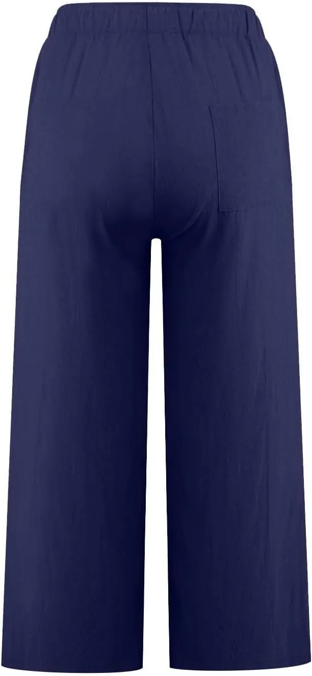 Cotton Linen Pants for Women 2025 Wide Leg Cropped Lounge Trousers Drawstring Elastic Waist Summer Beach Pant Outfits