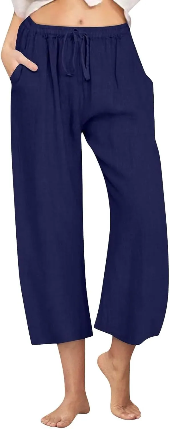Cotton Linen Pants for Women 2025 Wide Leg Cropped Lounge Trousers Drawstring Elastic Waist Summer Beach Pant Outfits