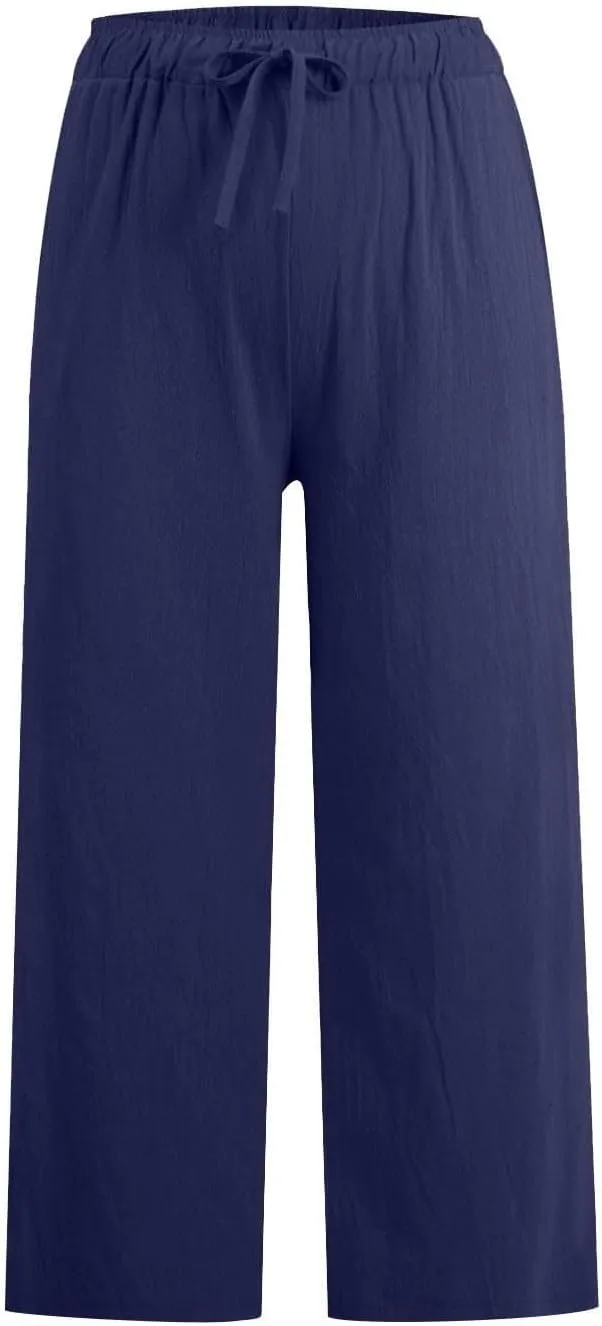 Cotton Linen Pants for Women 2025 Wide Leg Cropped Lounge Trousers Drawstring Elastic Waist Summer Beach Pant Outfits