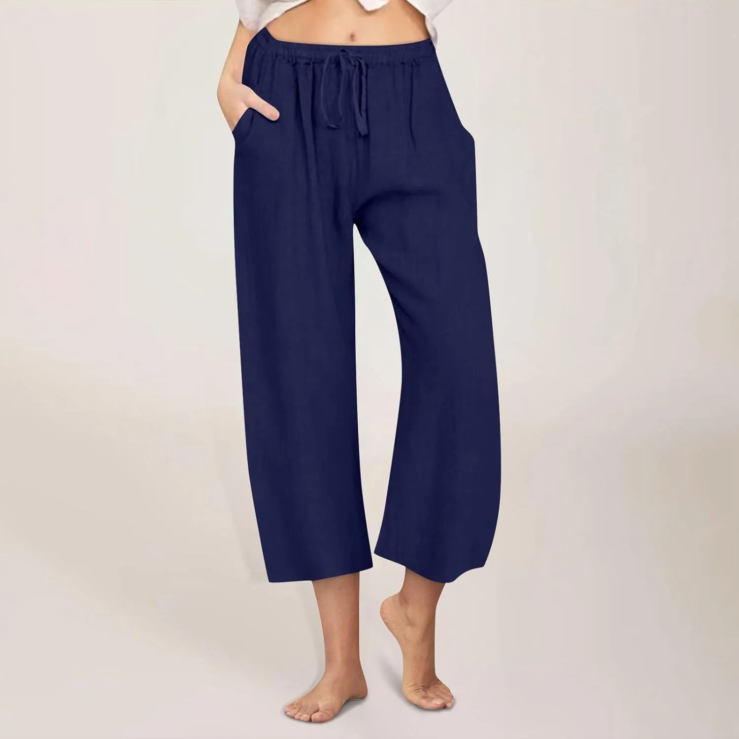 Cotton Linen Pants for Women 2025 Wide Leg Cropped Lounge Trousers Drawstring Elastic Waist Summer Beach Pant Outfits