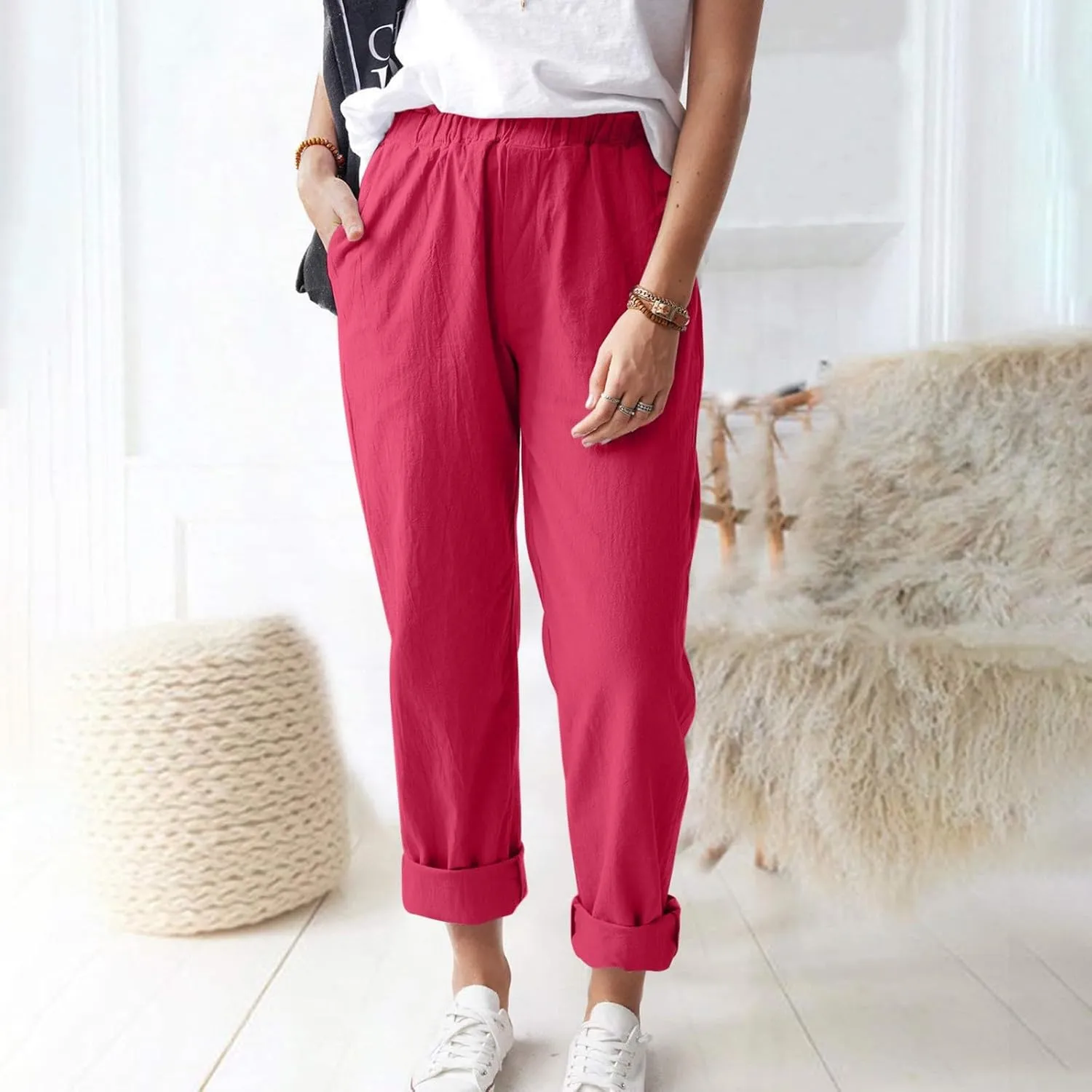 Cotton Linen Trouser Pants for Women Boho Beach Capris Pants 2024 Casual Summer Lightweight Drawstring Pants Pockets