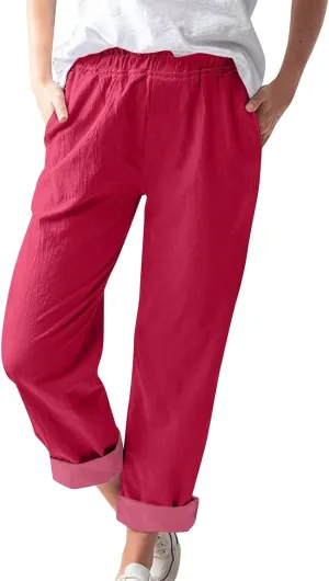 Cotton Linen Trouser Pants for Women Boho Beach Capris Pants 2024 Casual Summer Lightweight Drawstring Pants Pockets